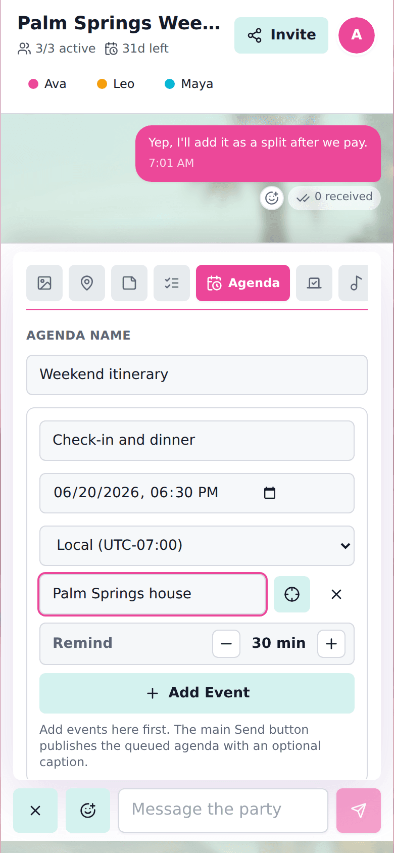 cht.so event group chat showing an agenda for event setup and doors