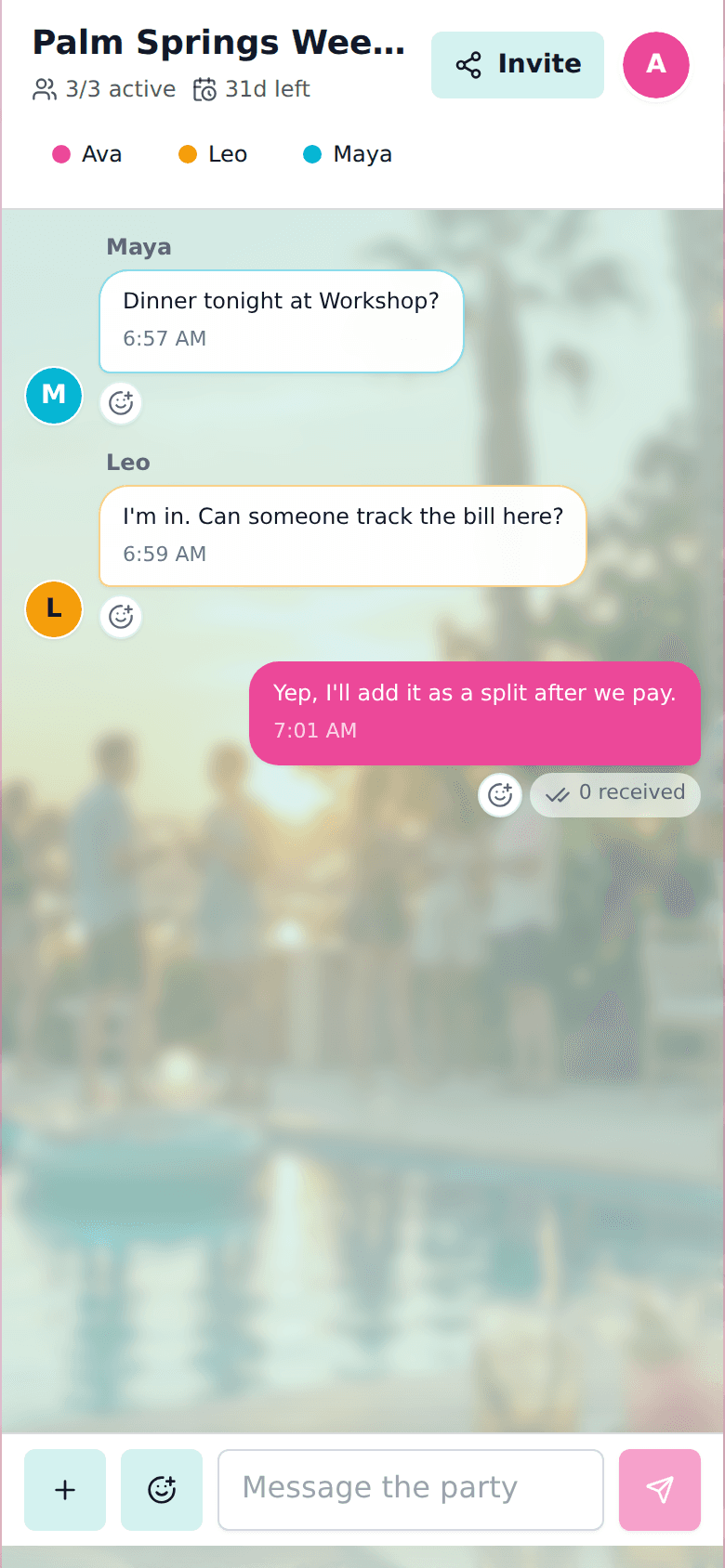 cht.so party planning group chat showing planning messages and reactions
